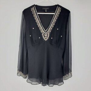 Silkland 100%‎ Silk V Neck Sequin Accent Women's Whimsigoth Shirt Top XL